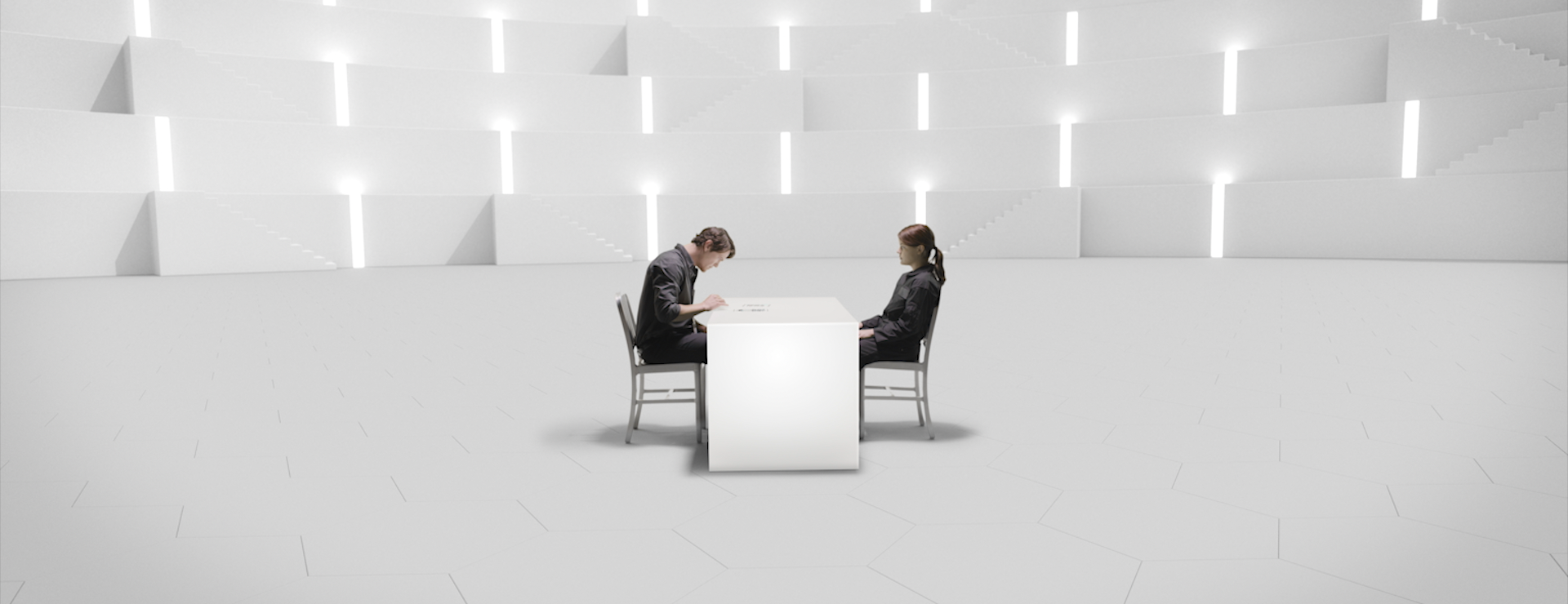Two characters sit at a white table in a vast futuristic looking room